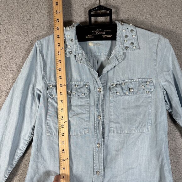 Kut From The Kloth Denim Shirt Women’s Size S Light Wash Pearl Snap Spike Collar - Picture 7 of 16